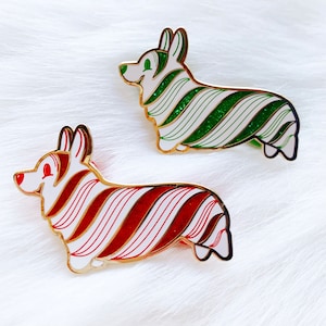 Peppermint Bark Corgi Candy Cane Hard Enamel Pin Red and White or Green and White *Sold Separately or as a Set*