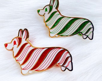 Peppermint Bark Corgi Candy Cane Hard Enamel Pin Red and White or Green and White *Sold Separately or as a Set*