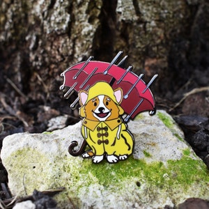 Spring Fling Rain and Umbrella Corgi Enamel Pin