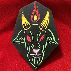 Hand Carved Wood Green Baphomet Brooch