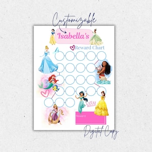 Prinzessin druckbare Belohnung des Kindes | Töpfchen | Verhaltenstabelle mit Ariel, Jasmin, Vaiana, Tiana, Belle, Rapunzel und Cinderella