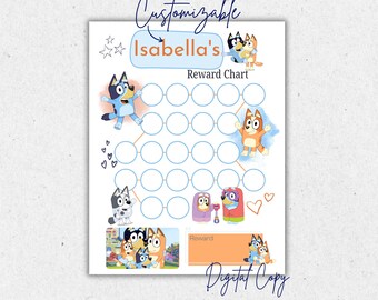 Gráfico imprimible de recompensa/bacinica/comportamiento para niños personalizable de Bluey con Bluey, Bingo, Chili y Bandit