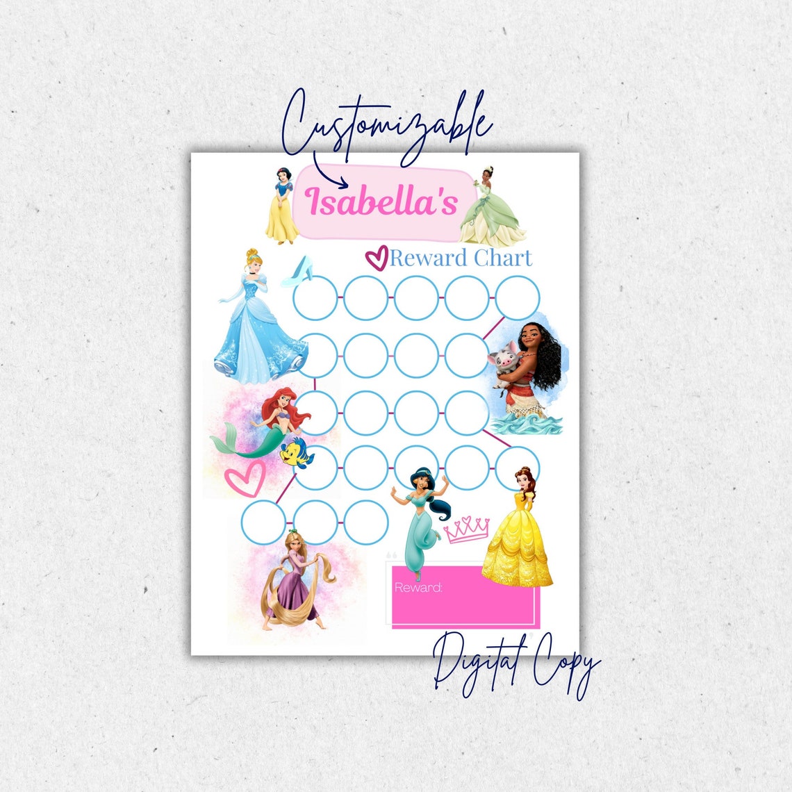 Princess Customizable Kid's Printable Reward| Potty | Behavior Chart With Ariel, Jasmine, Moana ...