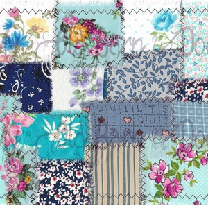 May include: A patchwork quilt with a variety of floral and geometric patterns in shades of blue, pink, and white. The quilt is made of different fabrics sewn together in a random pattern. The quilt is edged with a black zig-zag stitch.