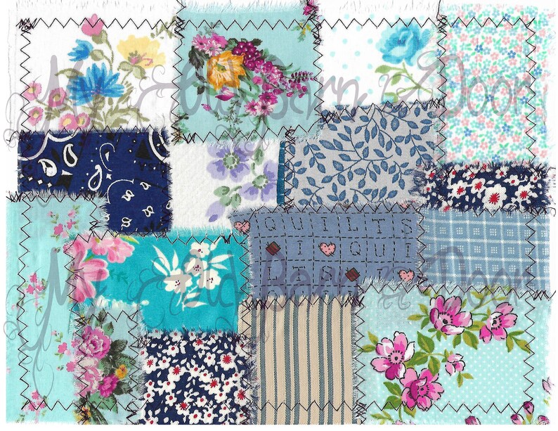 May include: A patchwork quilt with a variety of floral and geometric patterns in shades of blue, pink, and white. The quilt is made of different fabrics sewn together in a random pattern. The quilt is edged with a black zig-zag stitch.