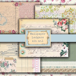 Wallpaper Ledgers kit 1, ledger, digital download, vintage wallpaper, junk journal, scrapbook, planner, romantic, valentine, vintage ledger