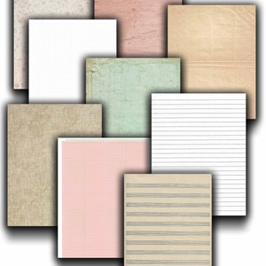 Op de afbeelding: Een verzameling van acht verschillende papiertexturen, waaronder gestreept, geruit en effen papier. De papieren zijn in verschillende kleuren, waaronder beige, roze en groen.
