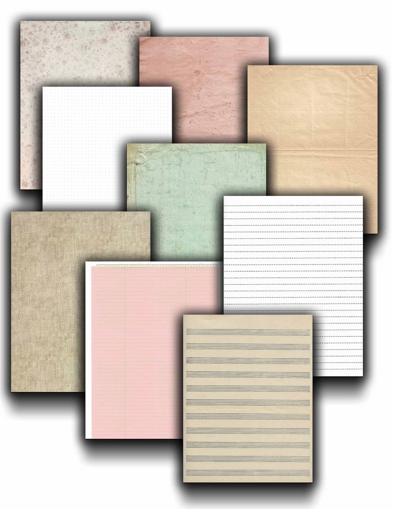 Op de afbeelding: Een verzameling van acht verschillende papiertexturen, waaronder gestreept, geruit en effen papier. De papieren zijn in verschillende kleuren, waaronder beige, roze en groen.