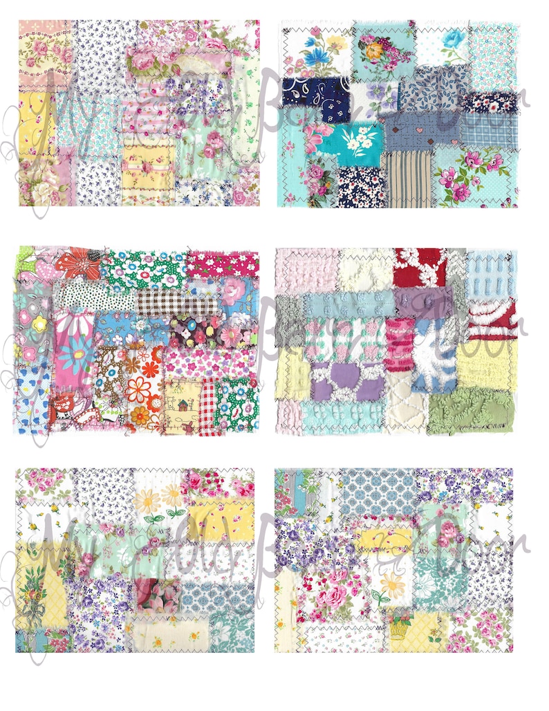 May include: Six different patchwork fabric designs with a variety of floral patterns in pink, blue, yellow, green, and white.