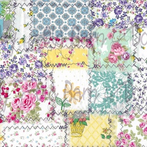 May include: A patchwork quilt with a variety of floral patterns in shades of pink, blue, yellow, and green. The quilt is made of different fabrics sewn together with a zig-zag stitch.