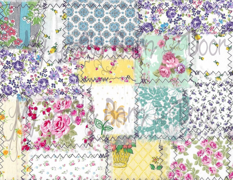 May include: A patchwork quilt with a variety of floral patterns in shades of pink, blue, yellow, and green. The quilt is made of different fabrics sewn together with a zig-zag stitch.
