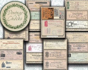 Könnte beinhalten: Eine Collage aus Vintage-Schecks mit verschiedenen Designs und handschriftlichen Details. Die Schecks sind in verschiedenen Größen und Farben gehalten, einige zeigen Illustrationen und Banknamen. Ein kreisförmiges Emblem mit dem Text "Vintage Checks" befindet sich oben.