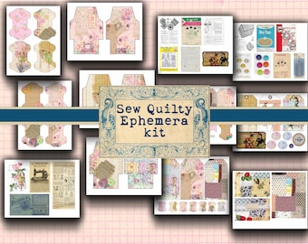Sew Quilty Digital Ephemera kit, journal, junk journal, scrapbook, sew, sewing, ephemera, vintage, button card, thread spool, retro