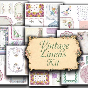 Peut inclure: Un collage numérique de motifs de linge vintage, comprenant des motifs floraux, des bordures de dentelle et des motifs brodés. Le collage est intitulé "Vintage Linens Kit".