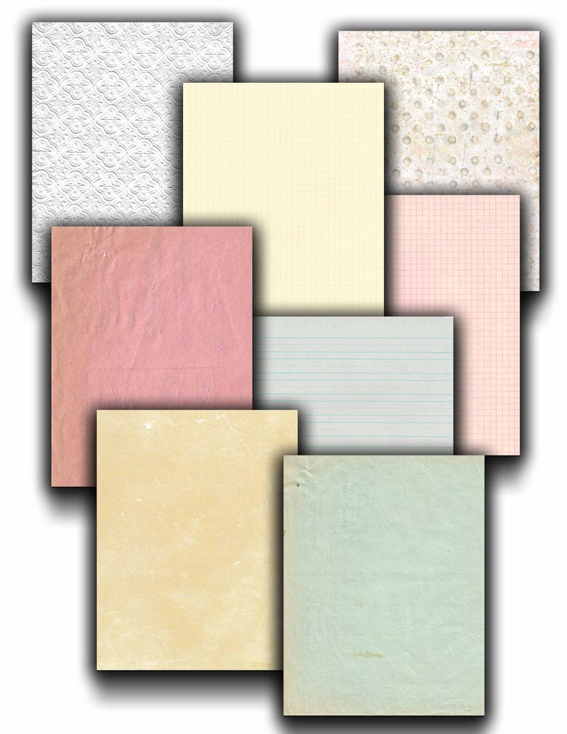Op de afbeelding: Een verzameling van acht verschillende textuurpapierbladen in verschillende kleuren, waaronder wit, cr&egrave;me, roze en blauw. De papieren hebben verschillende patronen, zoals raster, lijnen en stippen.