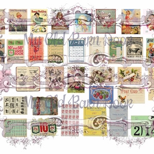 May include: A collage of vintage images featuring a variety of themes, including farm life, homemaking, and advertising. The images are printed on paper and have a faded, antique look. Some of the images include text, such as "Good Housekeeping", "Home Pickling", and "Big Patch Selected Mince Pies".