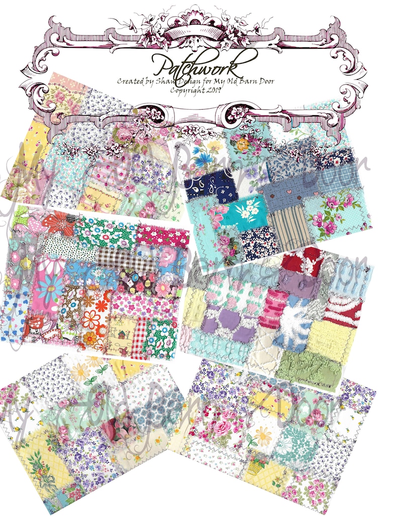 May include: Five different patchwork quilt squares with a variety of floral and geometric patterns in shades of pink, blue, yellow, and green. The squares are stitched together with a white thread. The image includes the text "Patchwork" and "Created by Shan Design for My Old Barn Door Copyright 2017".