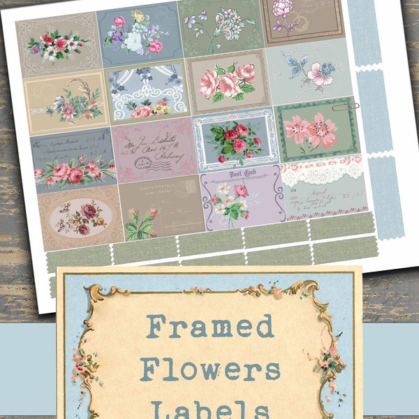 Framed Flowers labels, digital download, journal, scrapbook, planner, romantic, Valentine, botanical, labels, ephemera, vintage wallpaper