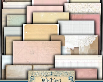 May include: A collection of 20 vintage-style writing backgrounds in various colors and patterns, including lined, grid, and lace. The backgrounds are perfect for adding a touch of nostalgia to your projects. The text "Writing Backgrounds" is displayed in a decorative blue frame.