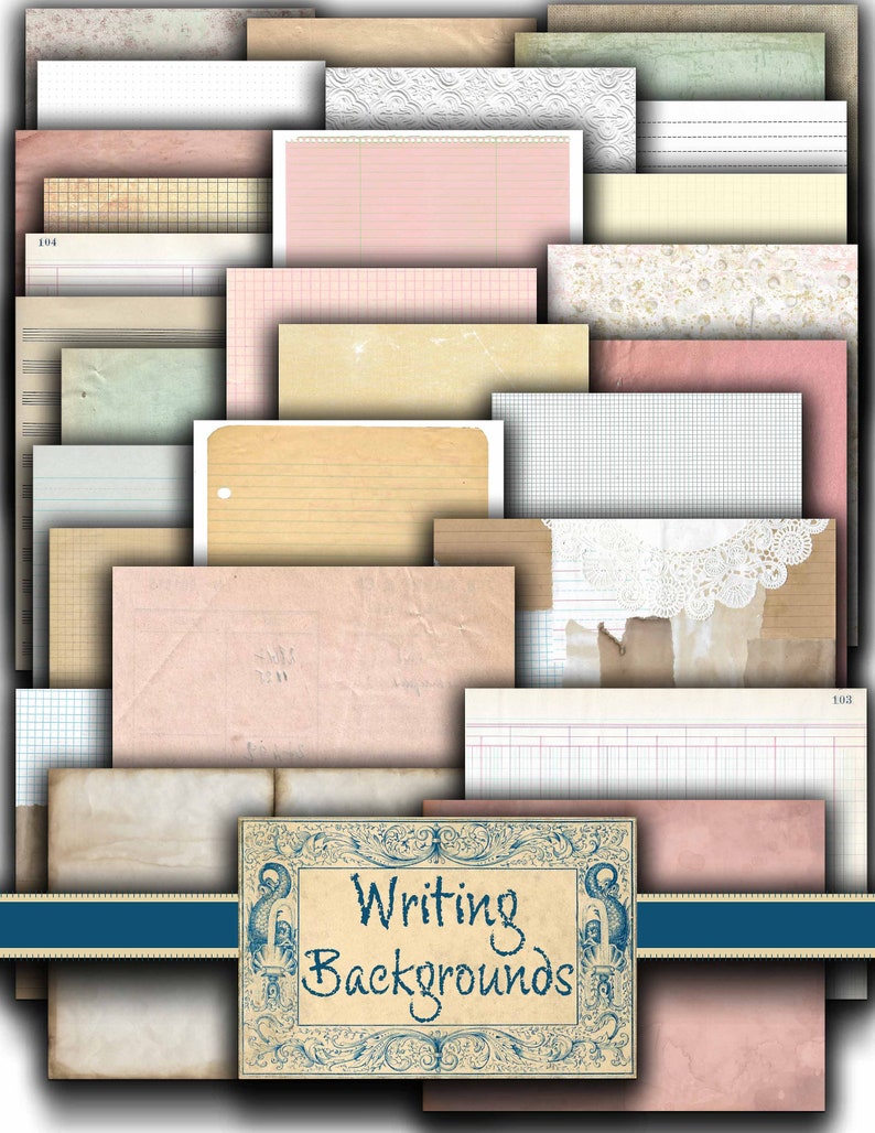 Op de afbeelding: Een verzameling van 20 vintage-stijl schrijfachtergronden in verschillende kleuren en patronen, waaronder gestreept, raster en kant. De achtergronden zijn perfect om een vleugje nostalgie aan je projecten toe te voegen. De tekst "Writing Backgrounds" wordt weergegeven in een decoratief blauw frame.