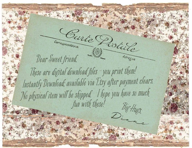 Op de afbeelding: Een vintage ansichtkaart met een lichtblauwe achtergrond en de tekst "Carte Postale" in cursief. De tekst luidt: "Lieve vriend/vriendin Dit zijn digitale downloadbestanden - je print ze zelf! Direct downloaden; beschikbaar via Etsy na betaling. Er wordt geen fysiek item verzonden Ik hoop dat je er veel plezier mee hebt! Liefs Dinne"