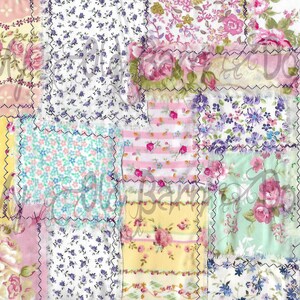 May include: A patchwork quilt with a variety of floral patterns in shades of pink, yellow, green, and blue. The quilt is made of different fabrics sewn together with a decorative stitch.