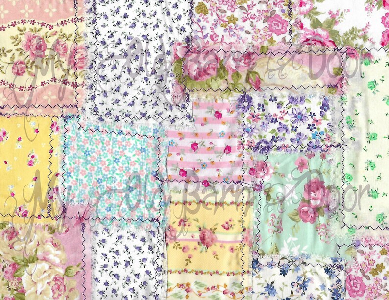 May include: A patchwork quilt with a variety of floral patterns in shades of pink, yellow, green, and blue. The quilt is made of different fabrics sewn together with a decorative stitch.