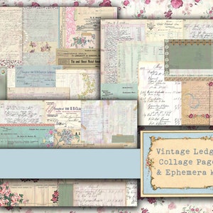 Vintage Ledger Collage Pages & Ephemera kit, digital download, vintage ledger, collage, botanical, ephemera, tag, ticket, heart, valentine