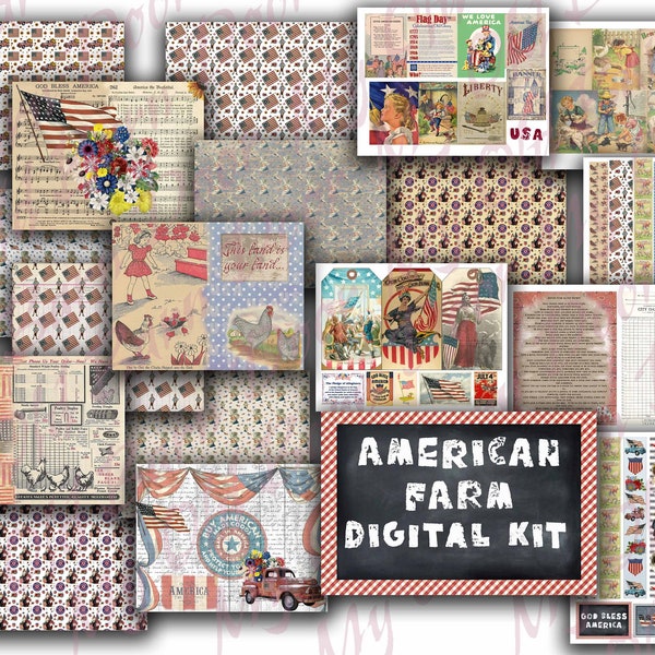 American Farm Digital Kit, journal, junk journal, farmhouse, farm, patriotic, americana, American, July 4th, red white blue, vintage farm
