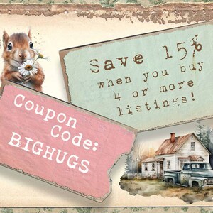 Op de afbeelding: Een roze en witte coupon met de tekst "Coupon Code: BIGHUGS" en een groene en witte coupon met de tekst "Save 15% when you buy 4 or more listings!"