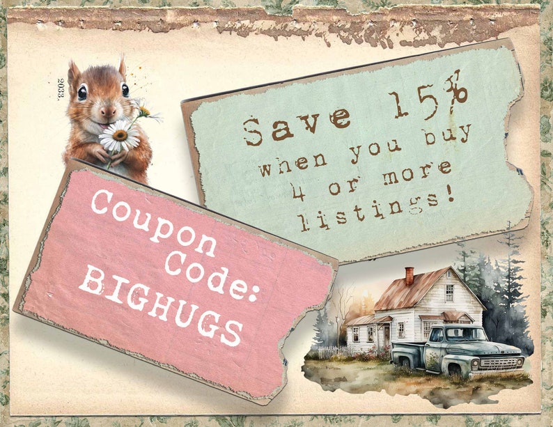 Op de afbeelding: Een roze en witte coupon met de tekst "Coupon Code: BIGHUGS" en een groene en witte coupon met de tekst "Save 15% when you buy 4 or more listings!"