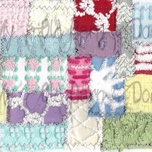 May include: A patchwork quilt made of various colors and textures of fabric. The quilt is made of squares of fabric sewn together. The fabric is a variety of colors, including pink, blue, green, yellow, and white. The fabric is also a variety of textures, including smooth, rough, and fluffy.