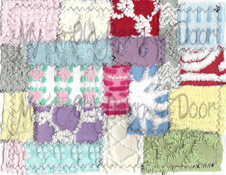 May include: A patchwork quilt made of various colors and textures of fabric. The quilt is made of squares of fabric sewn together. The fabric is a variety of colors, including pink, blue, green, yellow, and white. The fabric is also a variety of textures, including smooth, rough, and fluffy.
