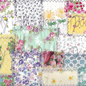 May include: A patchwork quilt with a variety of floral patterns in shades of pink, yellow, blue, and green. The quilt is made of different fabrics and has a rustic, vintage look.