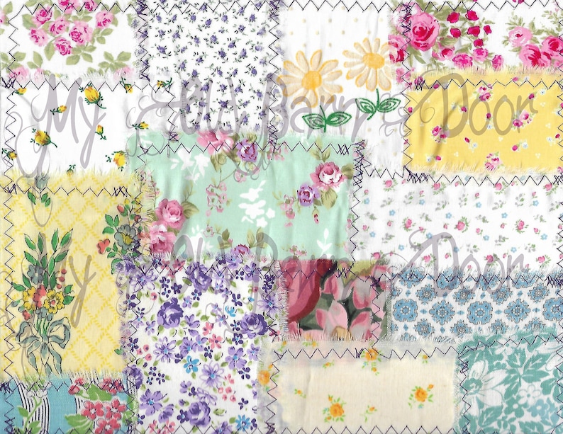 May include: A patchwork quilt with a variety of floral patterns in shades of pink, yellow, blue, and green. The quilt is made of different fabrics and has a rustic, vintage look.