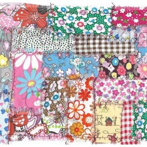 May include: A patchwork quilt with a variety of floral patterns in pink, blue, green, and red. The quilt is made of different fabrics sewn together with a frayed edge.