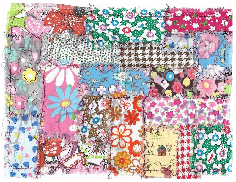 May include: A patchwork quilt with a variety of floral patterns in pink, blue, green, and red. The quilt is made of different fabrics sewn together with a frayed edge.
