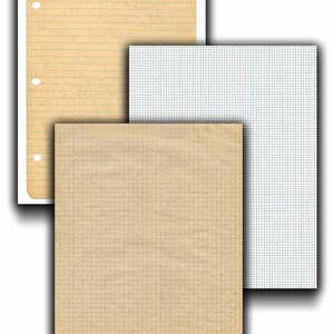Op de afbeelding: Drie verschillende soorten papier: gelinieerd, gekarteld en gerasterd. Het gelinieerde papier is vergeeld en heeft aan de linkerkant geperforeerde gaten. Het gekarteld papier is wit met blauwe lijnen. Het gerasterde papier is bruin met blauwe lijnen.