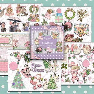 Pastel Christmas Scripture Cards and Fussy Cuts kit, junk journal, scrapbook, christmas, pink santa, vintage children, digital download