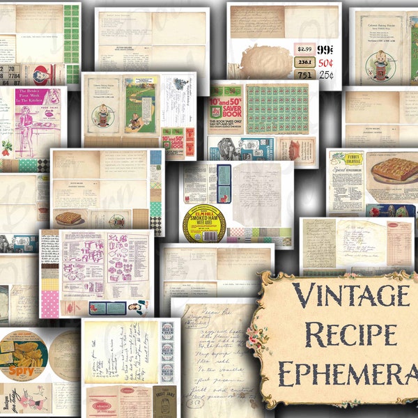 Vintage Recipe Ephemera kit, journal, junk journal, ephemera, recipe, cook book, cook, embellishment, recipe card, vintage kitchen, retro