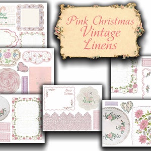 Różowe świąteczne pościele vintage, dziennik, efemeryda, materiały do rękodzieła, serwetka, chusteczka, chusteczka do nosa, vintage, Boże Narodzenie, święto, poinsecja, etykieta