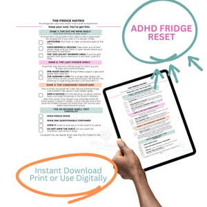 Op de afbeelding: Een digitale tablet met een document genaamd The Fridge Matrix, een checklist voor een ADHD-koelkastreset. Het document bevat secties voor de zones Eat-Me-Now, Lazy Foodie en Condiment Graveyard, plus een 30-seconden geurtest-checklist.