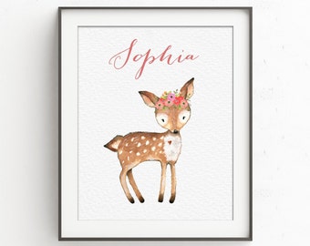 Kinderzimmer Dekor, Wald Wand Kunst Kinderzimmer, personalisierte Name Druck, Reh Kinderzimmer Dekor, Waldtiere, Kinderzimmer Dekor Mädchen