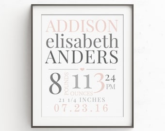 Personalized Baby Gifts | Pink and Grey | Nursery Wall Decor | New Baby Girl gift | Birth Announcement | Birth Stats Wall Art