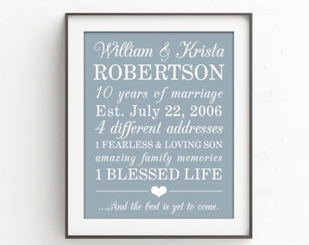 10 Year Anniversary, 10th Anniversary, Personalized Wedding Print, Anniversary Print, Anniversary Gift, Gift for Him, Gift for Couple