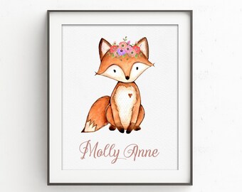 Woodland Baby Namensschild | Wald Tiere Kinderzimmer Wand Kunst | Waschbär Fuchs Eule Rehe Waldfreunde | Spielzimmer Dekor | Aquarell Druck