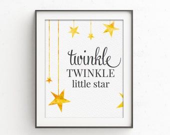Twinkle, Twinkle Little Star Aquarell Druck | Baby Junge oder Baby Mädchen Kinderzimmer Dekor | Gelb und Grau Babyparty | Gelb und Grau Kinderzimmer