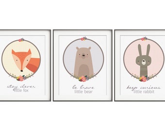 Woodland Nursery Animals, Baby Room Decor, Forest Animal Prints, Baby Nursery Decor, Baby Nursery Wall Art, Set of 3 - fox, bear, rabbit