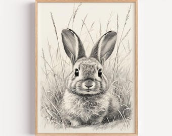 Lámina artística de un conejito vintage: Pintura de campo primaveral (descarga digital)