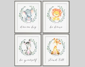 Aquarell Safari Kinderzimmer Kunst, Safari Animal Prints, Baby Tiere, Safari Kinderzimmer Dekor Elefant Giraffe Löwe Zebra, Be Brave, Dream Big